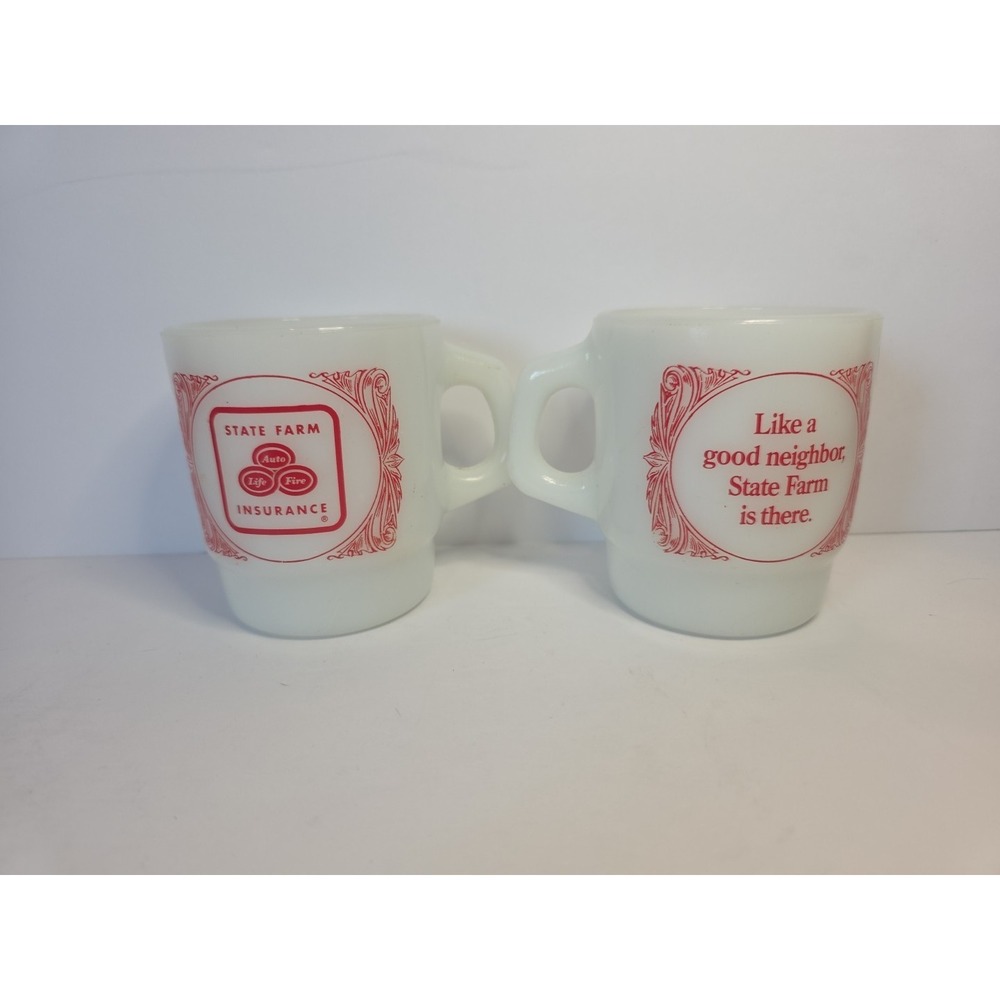 2x Vintage MUG Anchor Hocking Fire King STATE FARM Ins Advertising Coffee Cup